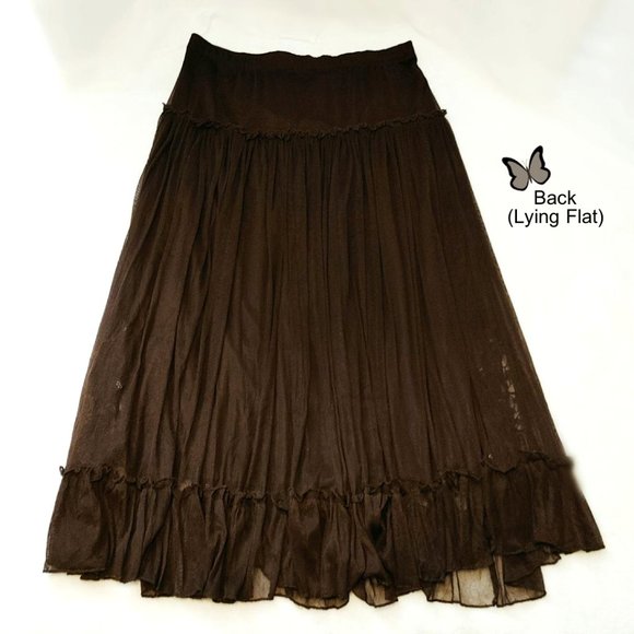 Elegant Brown Midi Flowy Skirt Mesh Sequin Cut-out Lace Lined Elastic Waistline - Picture 7 of 9